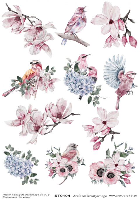 Decoupage Rice Paper Magnolia Flowers Birds Studio75