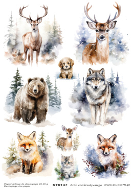 Papier Ryżowy do Decoupage Zima Zwierzęta Boże Narodzenie Wilk Lis Studio75