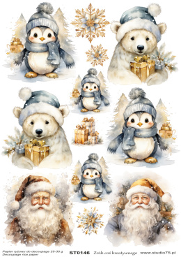 Papier Ryżowy Decoupage Boże Narodzenie ZIMA Pingwiny NiedźwiedzieStudio75