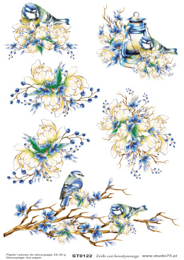 Papier Ryżowy do Decoupage Ptaszki Kwiaty Niebieskie Studio75