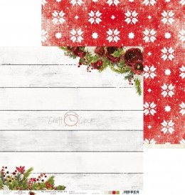 Papier Boże Narodzenie- gwiazdki na czerwonym tle, szare deski, zimowe kwiaty.