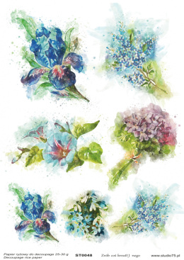 Papier ryżowy do decoupage - niebieskie kwiaty - ST0048 - Studio75
