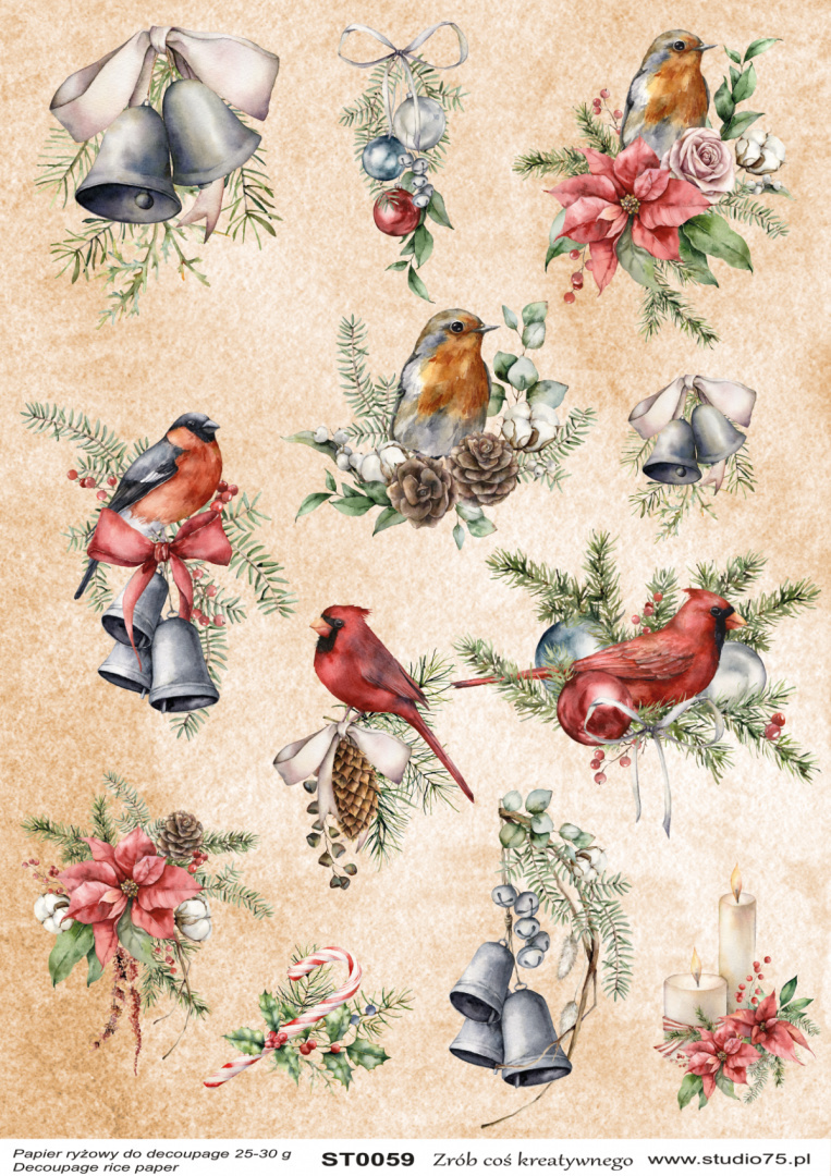Papier ryżowy do decoupage - świąteczne dzwonki, ptaszki