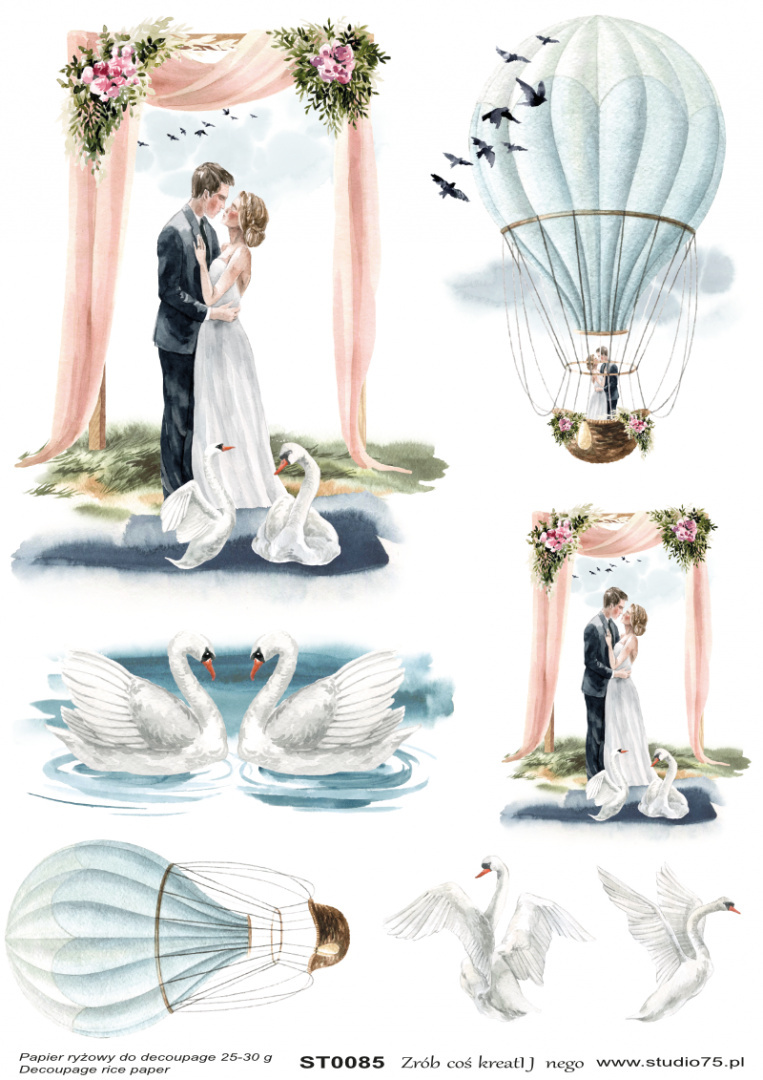Papier ryżowy decoupage - ślub, para młoda, balon, łabędzie