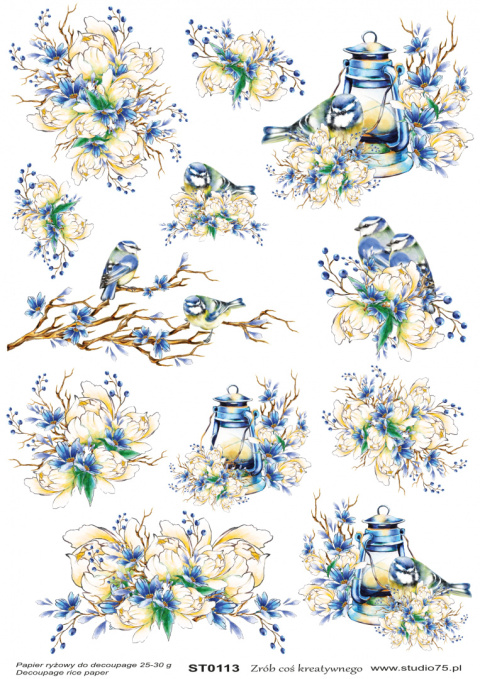 Papier ryżowy do decoupage Ptaszki Kwiaty Niebieskie Studio75