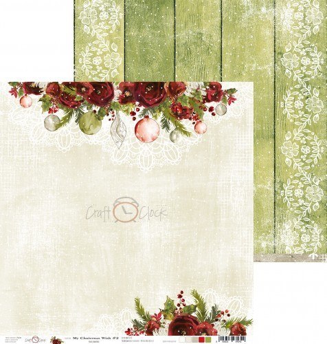 Papier Boże Narodzenie- zielone tło, zimowe kwiaty i bombki Craft o`clock