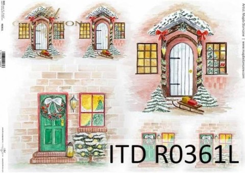Papier ryżowy A3 - stylowe drewniane drzwi, okna z dekoracjami świątecznymi 2