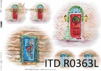 Papier ryżowy A3 - stylowe drewniane drzwi, okna z dekoracjami świątecznymi
