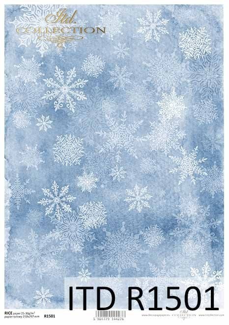 Papier ryżowy - białe śnieżynki na niebieskim tle