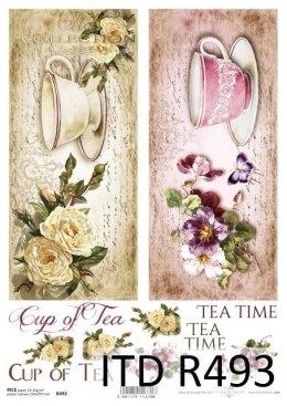 Papier ryżowy herbaciarka - porcelanowe filiżanki, kwiaty, herbata