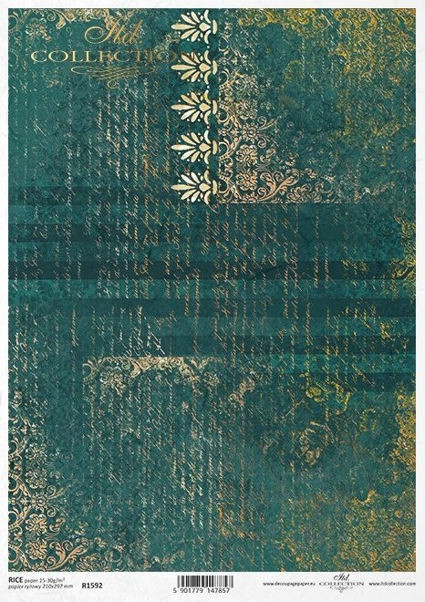 Papier ryżowy - dekory, ornamenty, stare pismo, kolorystyka zielono-turkusowo-złota