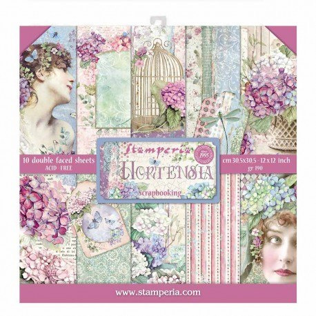 Papier do scrapbookingu z kolekcji Hortensja, romantyczne wzory w odcieniach niebieskości, fioletu i zieleni